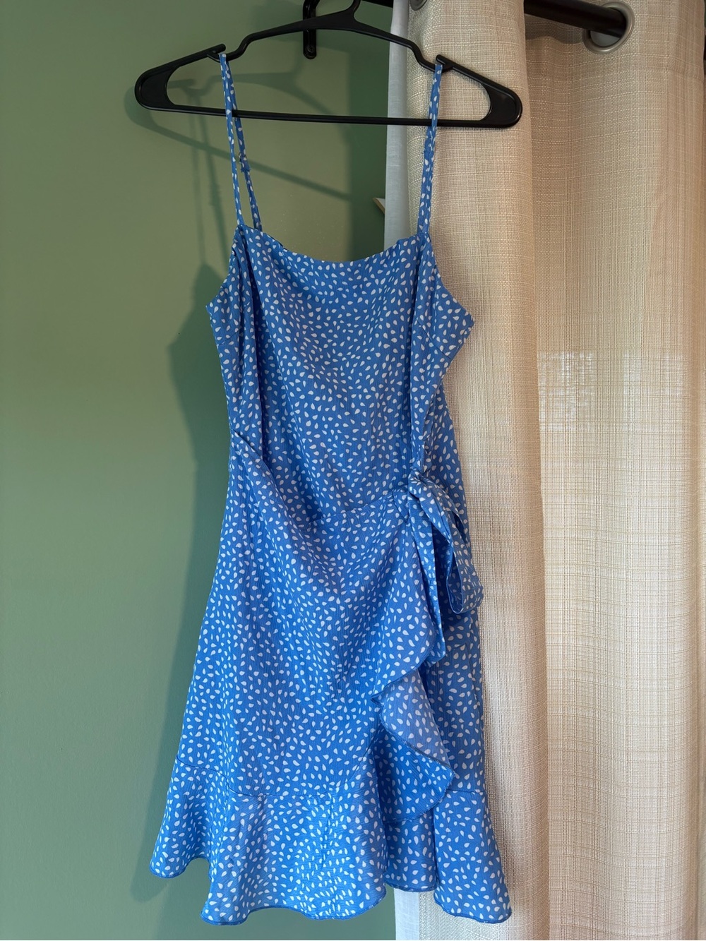 Hello Molly Blue Spotted Ruffle Wrap Mini Dress